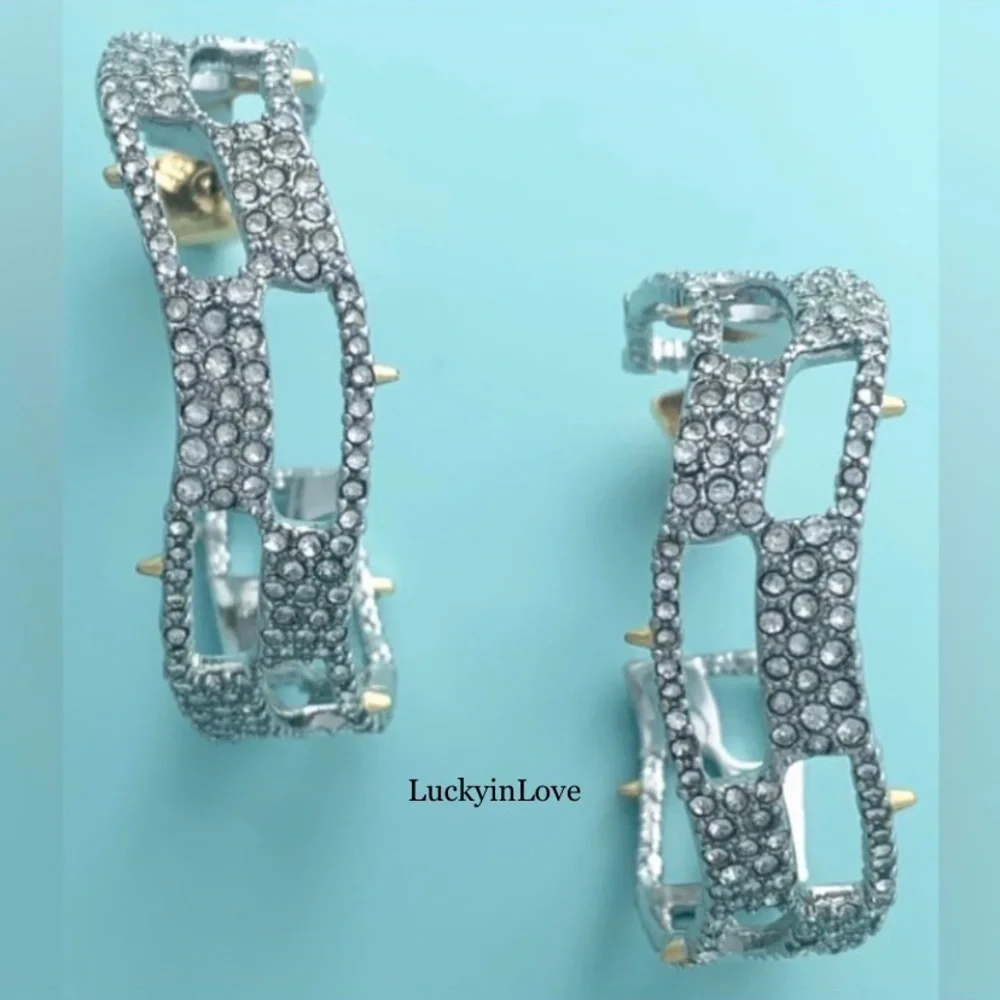 ALEXIS BITTAR • Silver Crystal Georgian Checkerboard Wavy Hoop Earrings